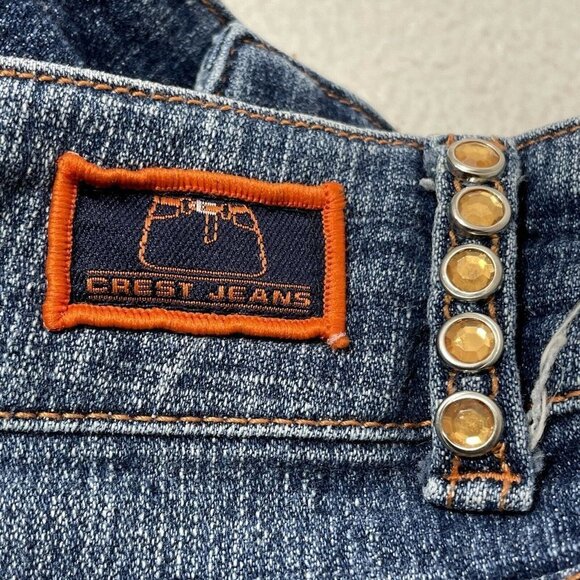 Crest Jean Mini Skirt Size 7/8 Denim Dark Blue Stud Crystal Blink Distressed Hip - Picture 8 of 10